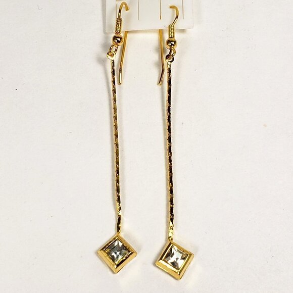 Gold tone Geometric Crystal Long Drop Earrings – Elegant Sparkle Dangle Jewelry - Picture 3 of 11